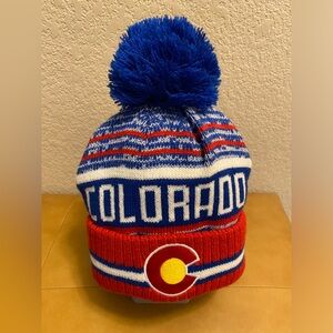 Robin Ruth Blue and Red Knit Colorado Pom Pom Beanie Winter Hat